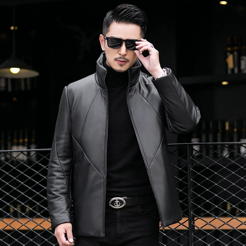 Warm jacket with down for leisure, genuine leather