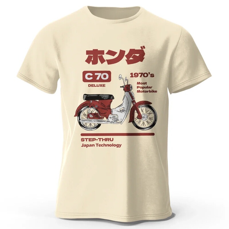 Japanese Retro Motorcycle Print Cotton T-Shirt, Soft and Breathable Round Neck Cross-Border Trendy Brand