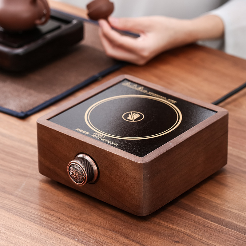 Estufa eléctrica de cerámica Nogal con tetera de vidrio, hervidor de té, cocina pequeña y elegante