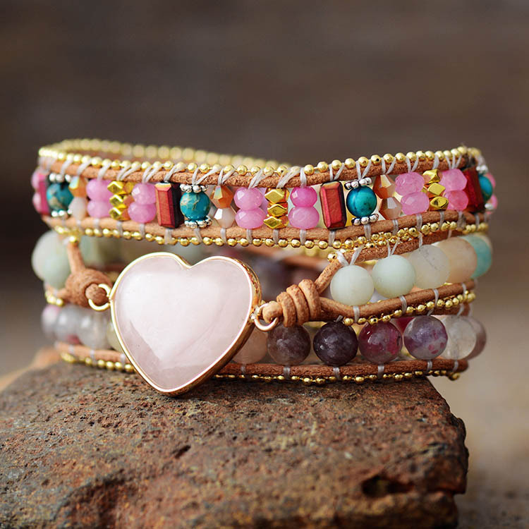 Cross-border high-quality new pink crystal heart-shaped leather wrapped 3-ring winding bracelet bohemian friendship bracelet