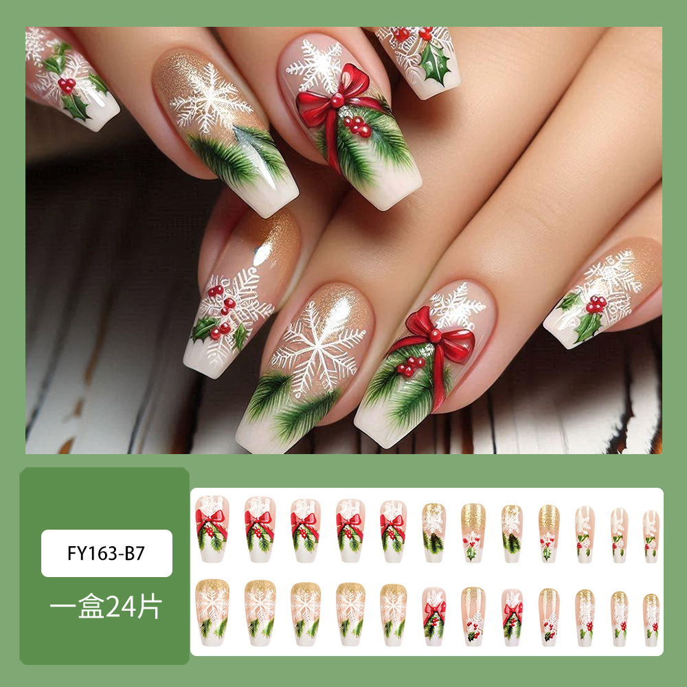 Ventas transfronterizas de oro brillante de nieve manicuría relieve Navidad francesa 24 piezas de parche de uñas falsas