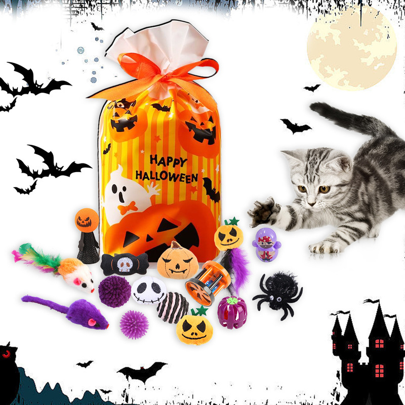 猫の退屈を和らげるための新しいハロウィーンおもちゃセット、バット、クモ、カボチャの形をしたおもちゃ|undefined