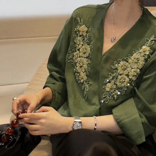 2026 Early Autumn Small Luxury【Jade Green】 Old Money New Wealth Heavy Beaded Embroidery Elegant Linen Shirt for Women