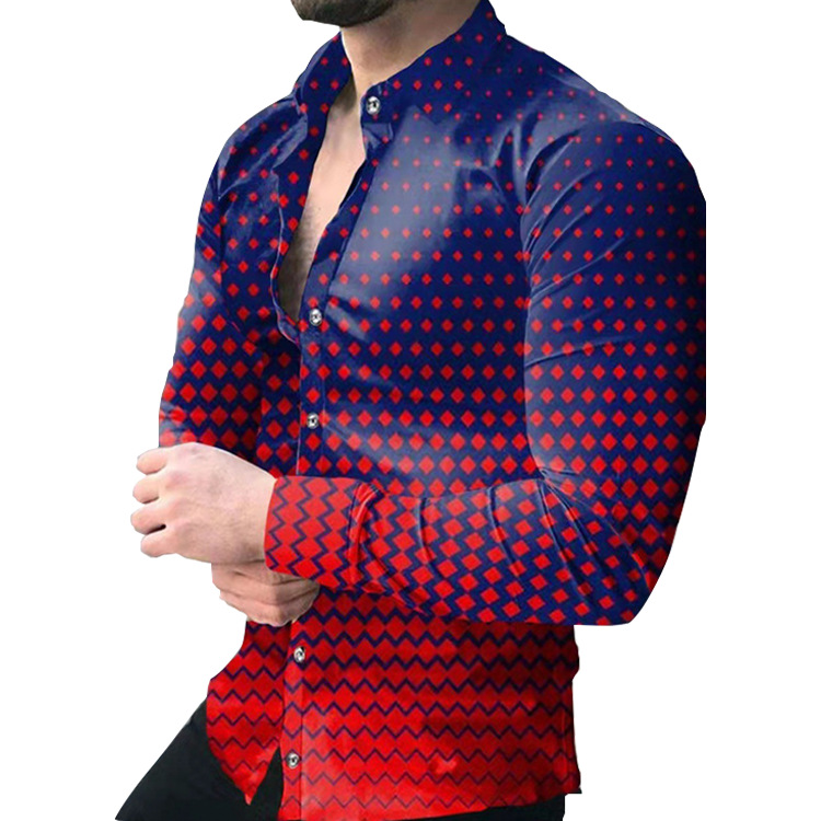 Comercio exterior 2023 primavera nuevos hombres gradiente de impresión digital solapa camisa de manga larga camisa casual de los hombres