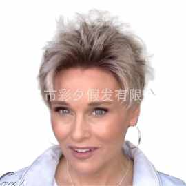 欧美潮流跨境外贸金色女个性蓬松短发化纤机制头套假发片头顶补发