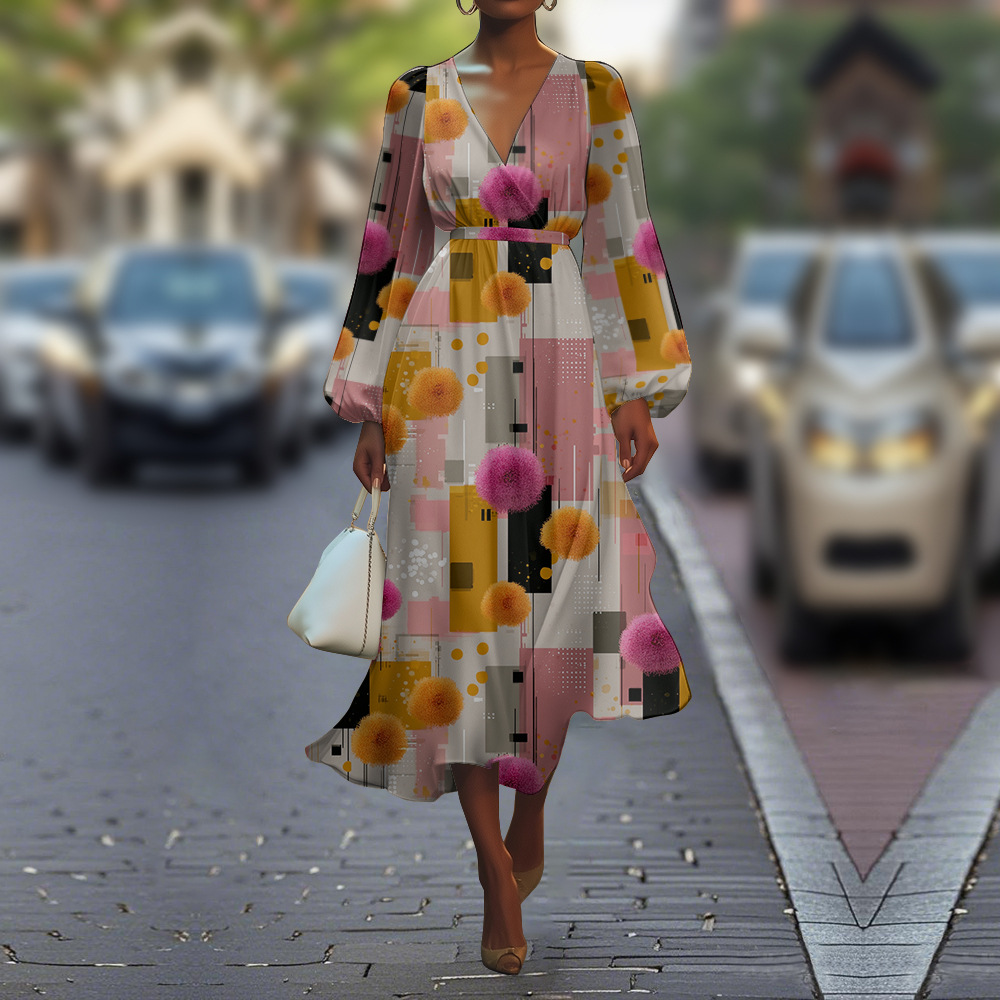 Women's V-Neck Dress Summer Fashion Floral Puff Sleeve Dress_ecoleips.com