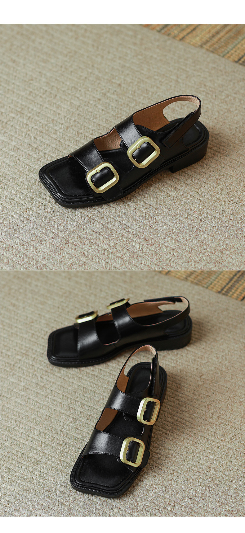 Sandal hở mũi nữ quai ngang đế thấp phong cách La Mã cổ điển, da bò màu nâu — Màu nâu chi tiết 16