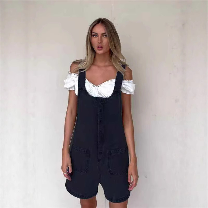 In-Stock 2025 New Foreign Trade European and American Women's Slim Straight Overalls Denim Shorts Wholesale