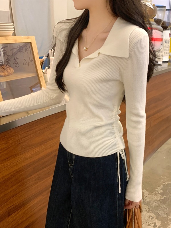 气质翻领抽绳收腰针织长袖女2025秋季温柔风毛衣内搭软糯显瘦上衣|undefined
