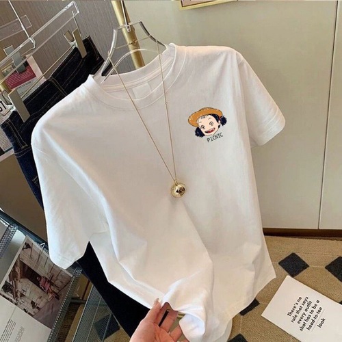 2025 Summer Square Shoulder Fashion Women's Short Sleeve T-Shirt Loose Cartoon Print White Slimming Top Instagram Trend