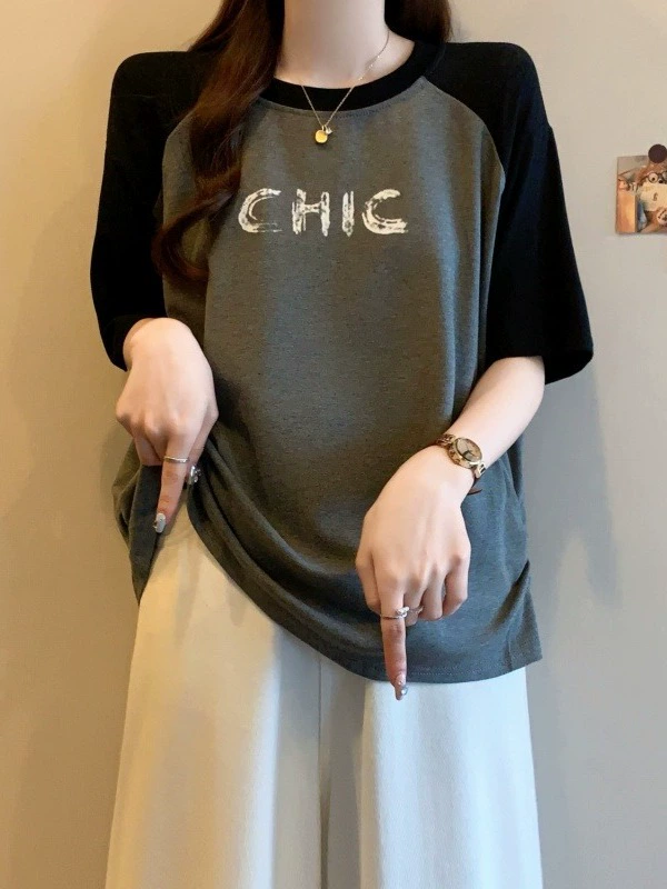 Летние большие размеры, повседневная мода в корейском стиле, контрастные рукава реглан, топы с буквенным принтом, женские универсальные футболки, закрывающие тело