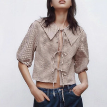 外贸新款女装欧美风复古时尚小圆翻领小格纹蓬蓬袖百搭衬衫上衣