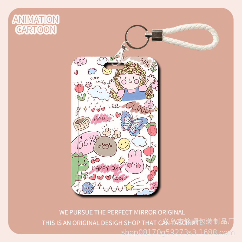 귀여운 낙서 소녀 카드 홀더 + 흰색 가죽 밧줄