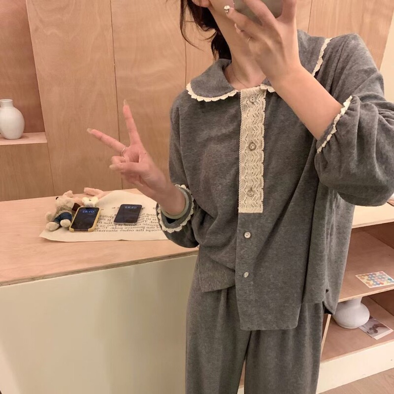 Yase【Minimalist】New Terry Velvet Pajamas for Women Autumn and Winter Korean Sweet and Cute Lace