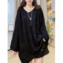 特大码胖MM300斤宽松麻花V领慵懒风时尚中长款镂空长袖针织毛衣女