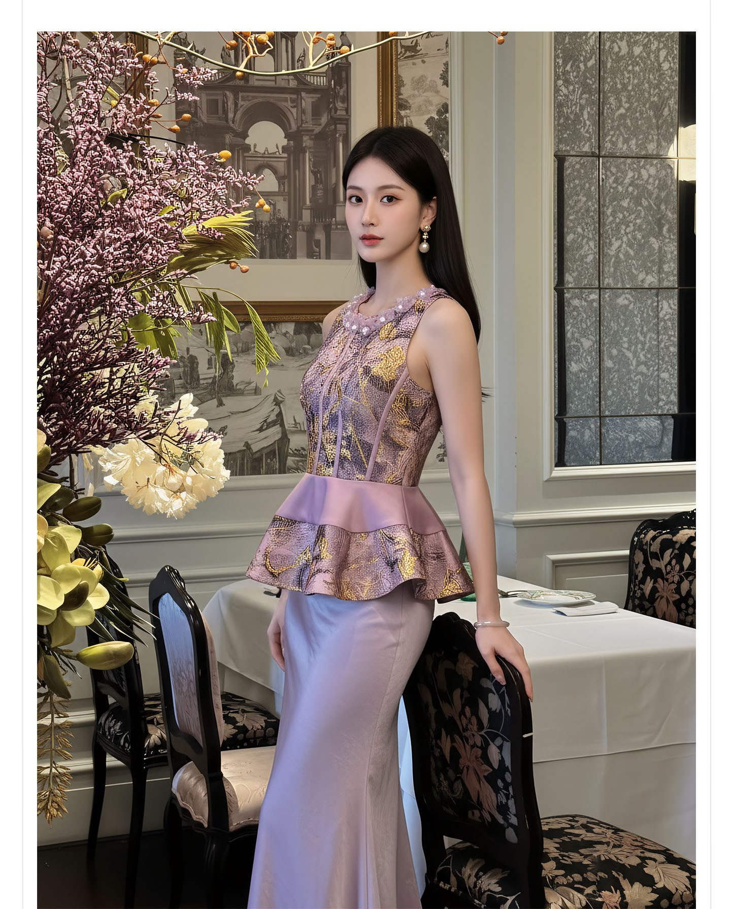Bộ set nữ quốc phong gồm áo gile hoa văn + áo khoác cardigan + chân váy trơn — Bộ ba mảnh, Trang chủ, bộ hai mảnh, áo khoác chi tiết 4