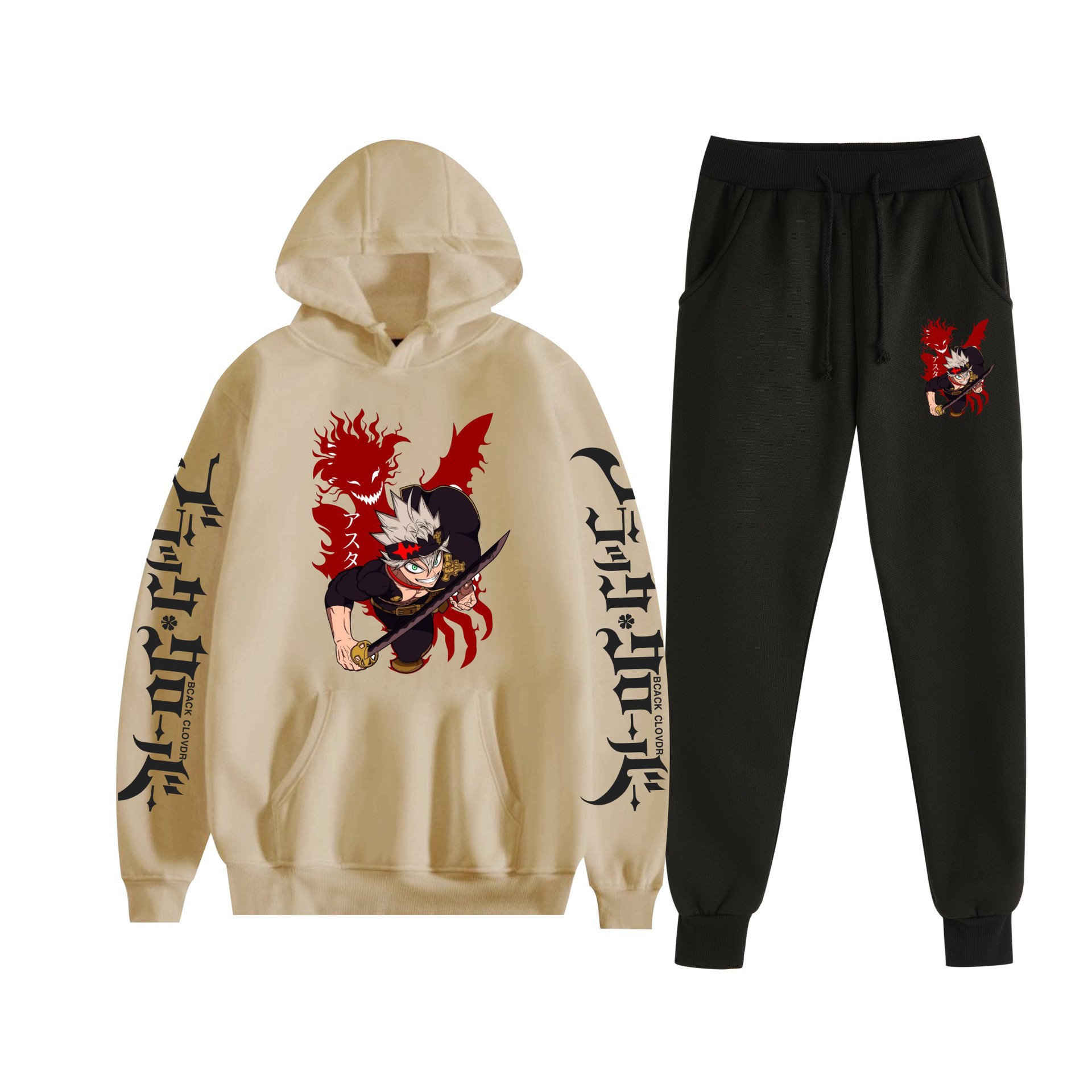 Trébol de cuatro hojas negro nuevo estilo transfronterizo Black Clover pareja suéter con capucha hombres y mujeres pantalones de dos piezas