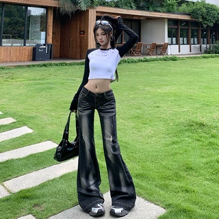 美式微喇牛仔裤女2025年秋季新款时尚潮流复古破洞低腰黑灰喇叭裤
