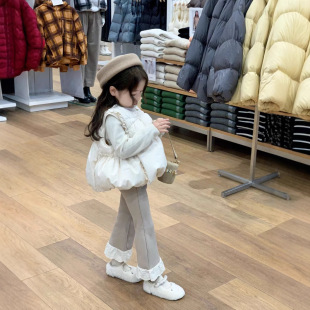 Girls' 2024 Autumn and Winter Solid Color Down Cotton Cotton Buckle Vest Beige Semi-High Collar Base Lace Leg Trousers
