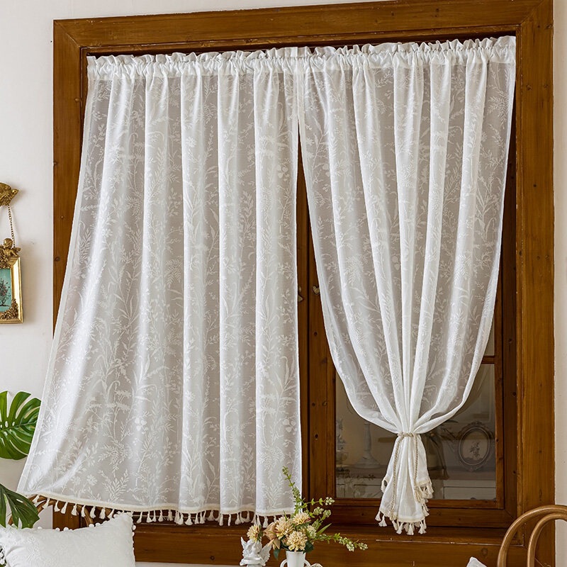 Japanese-style tassel sheer curtains, light-transmitting but not see-through, made of cotton and linen, short half-curtains for sun protection, bay window partition, door curtain, no drilling required