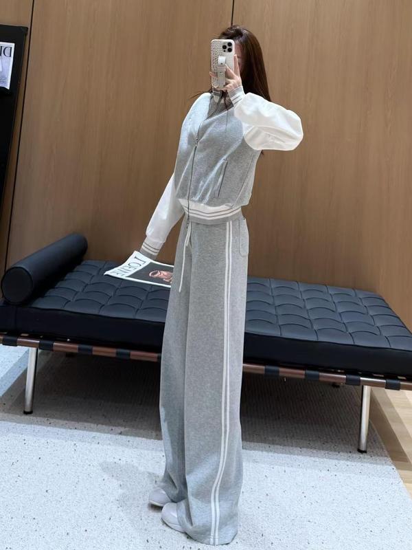 秋季撞色拼接休闲套装时尚百搭运动上衣外套南油女遮肉显瘦阔腿裤|undefined