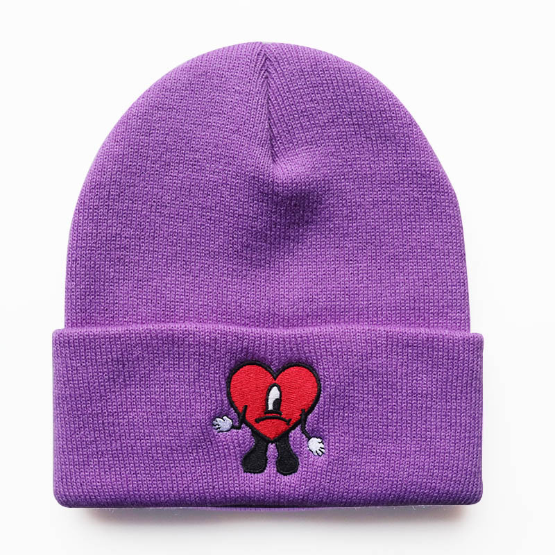 Pop autumn and winter singer bad bunny embroidered knitted hat pullover warm wool cold hat for men and women_voghion.com