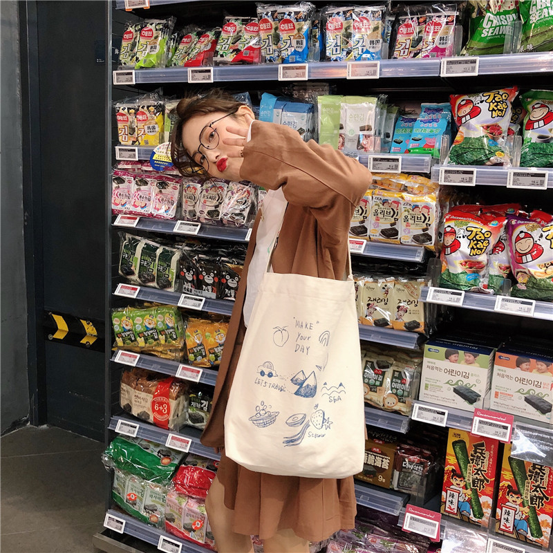 99304 ins single-shoulder hand-carry canvas bag, cute cartoon illustration tote bag for girls, student trend undefined