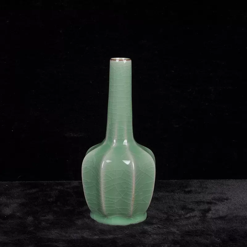 龙泉青瓷哥窑开片长颈瓜棱瓶中式花瓶摆件客厅插花家居装饰摆件