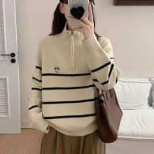复古条纹撞色半拉链高领毛衣女2025冬季加厚宽松慵懒风针织衫外套