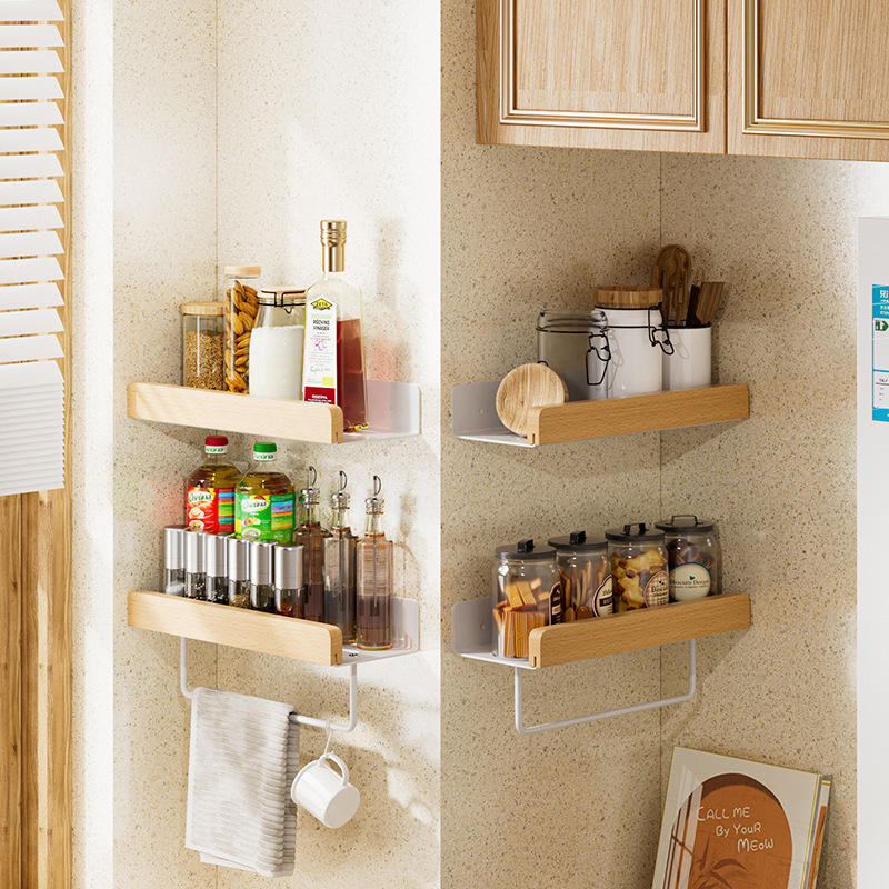 Wooden Style Kitchen Spice Rack Wall-Mounted Multi-functional Spice Rack without Drilling Kitchen Wall Condiment Wood Storage