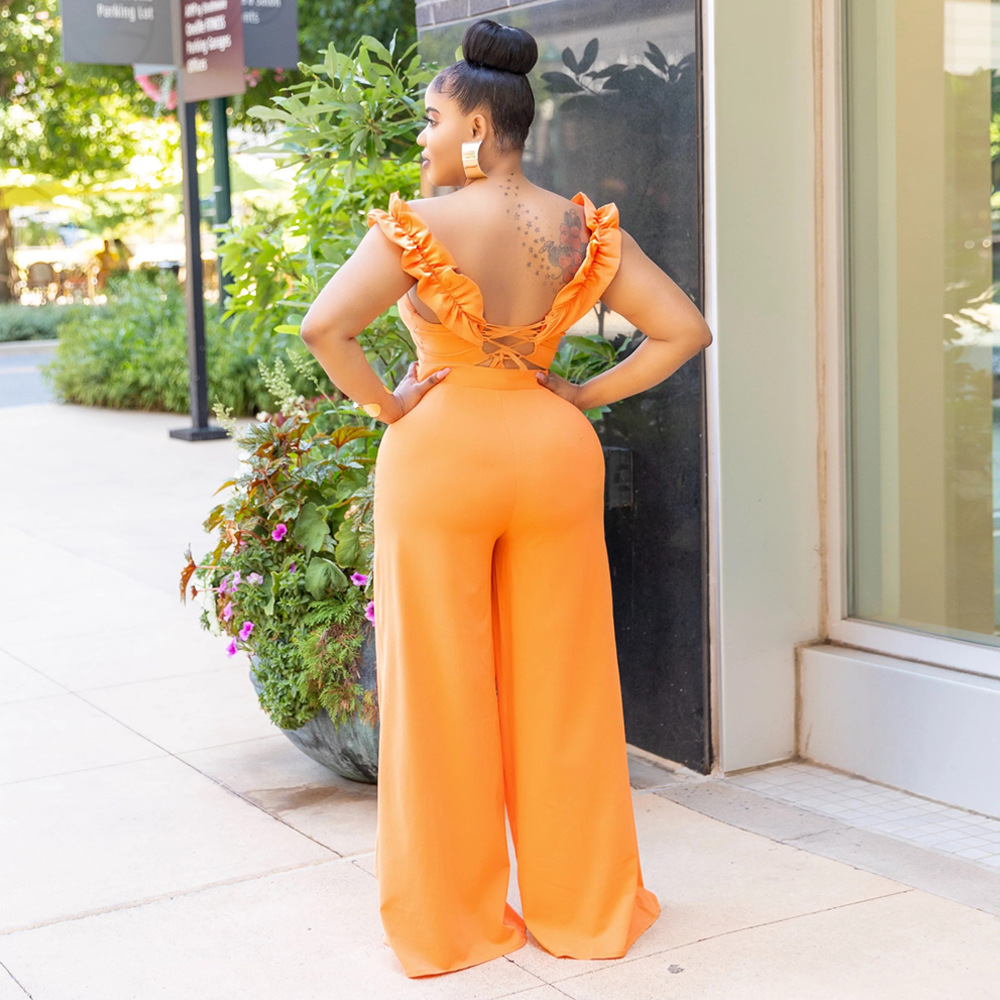 Elegant Women's One Shoulder Ruffled Slim Fit Jumpsuit Solid Colour_voghion.com