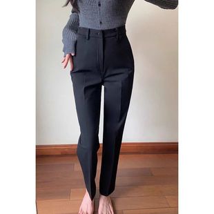 Black High Waist Straight Pants Women's Spring and Autumn Casual Dosing Pants Small Leg Smoke Pipe Professional Pants Cropped Pants