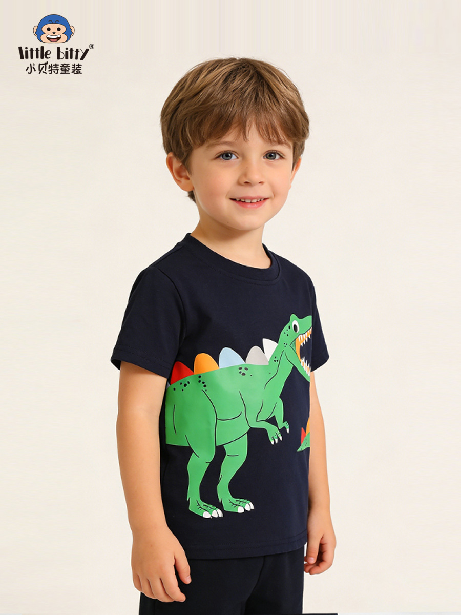 European and American Cross-Border 26Th Spring/Summer Children's Short-Sleeve T-Shirt with Cartoon Dinosaur Print, Round Neck, Fashionable Boys' Top