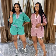 M3090 欧美跨境女装亚马逊中袖V领条纹针织上衣高腰短裤休闲套装