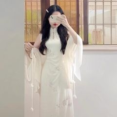 新しい中国風の改良されたチャイナドレスノースリーブドレス女性のための夏の中国風スパンコールミッドレングススリットウエスト刺繍スカート