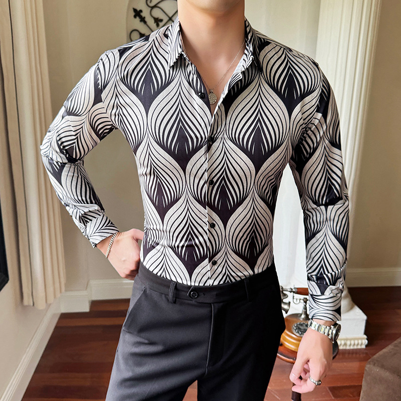 跨境新款男士翻领免烫长袖衬衫潮流数码印花款休闲时尚衬衣3009，男装衬衫，乐天大叔的衬衫铺