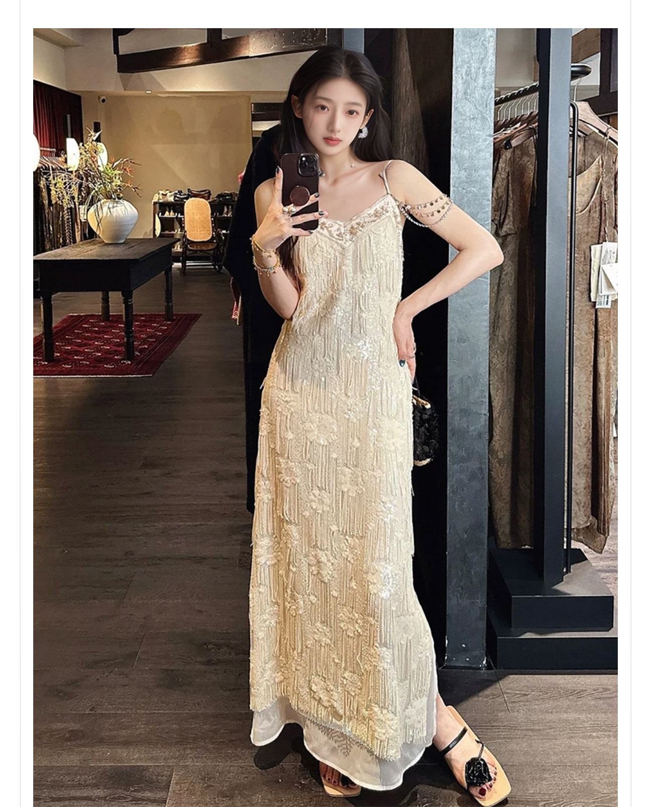 Đầm dây tua rua thêu lưới đính cườm phong cách Trung Quốc mới ZX N7012 — đen obsidian, cơm hạnh nhân chi tiết 2