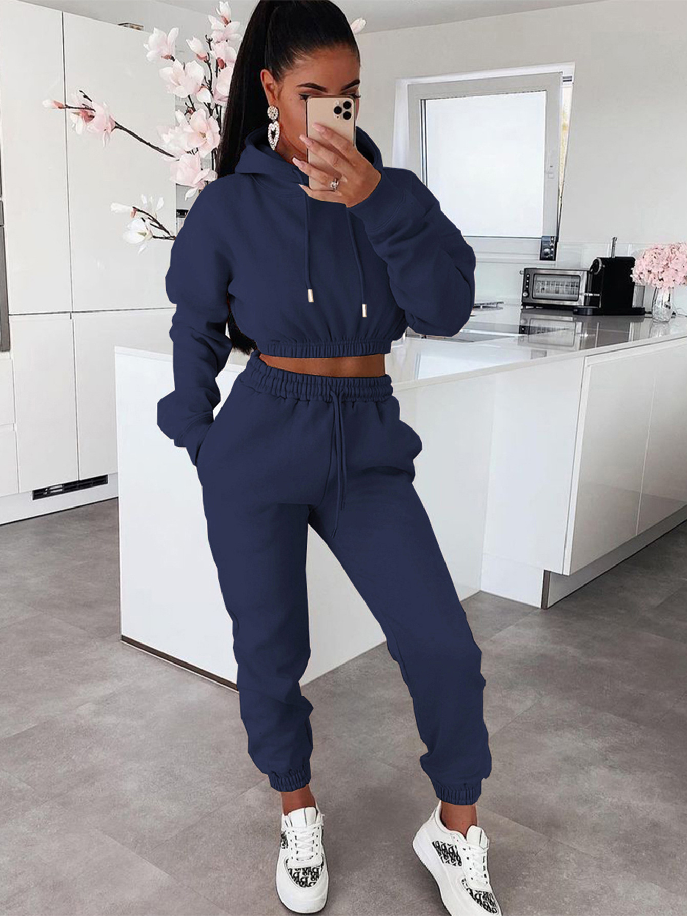 Women's Fleece-lined Hoodie And Trousers Set Autumn Winter Style_voghion.com