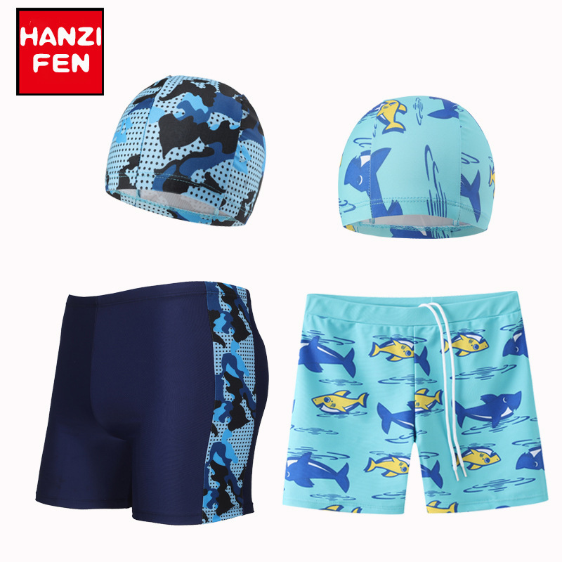 Children's swimming trunks boys split hooded swimming cap suit cartoon with tether boxer boys' swimming trunks wholesale