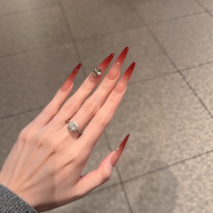 纯手工穿戴甲新年红婚甲带钻长款简约细狗美甲可拆卸