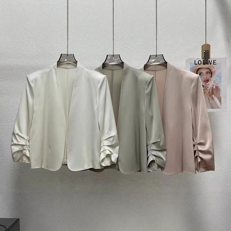 V-Neck Cardigan Blazer for Women, Summer Thin Style, Petite Socialite Style, Single-Layer Acetate Three-Quarter Sleeve Top for Women