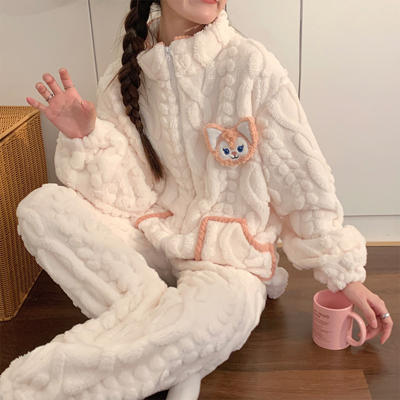 Pijamas de lana de coral con cuello de muñeca dulce francés para mujer más terciopelo engrosado ropa de hogar de franela de invierno traje de gran tamaño invierno