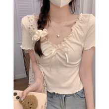 伐发+V:13138564000短袖T恤夏韩女装系带纯色修身短款荷叶领上衣