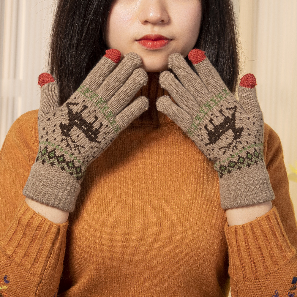 Guantes de pantalla táctil de invierno de doble capa engrosada cálidos guantes forrados de lana para hombres y mujeres guantes de punto jacquard de ciervo