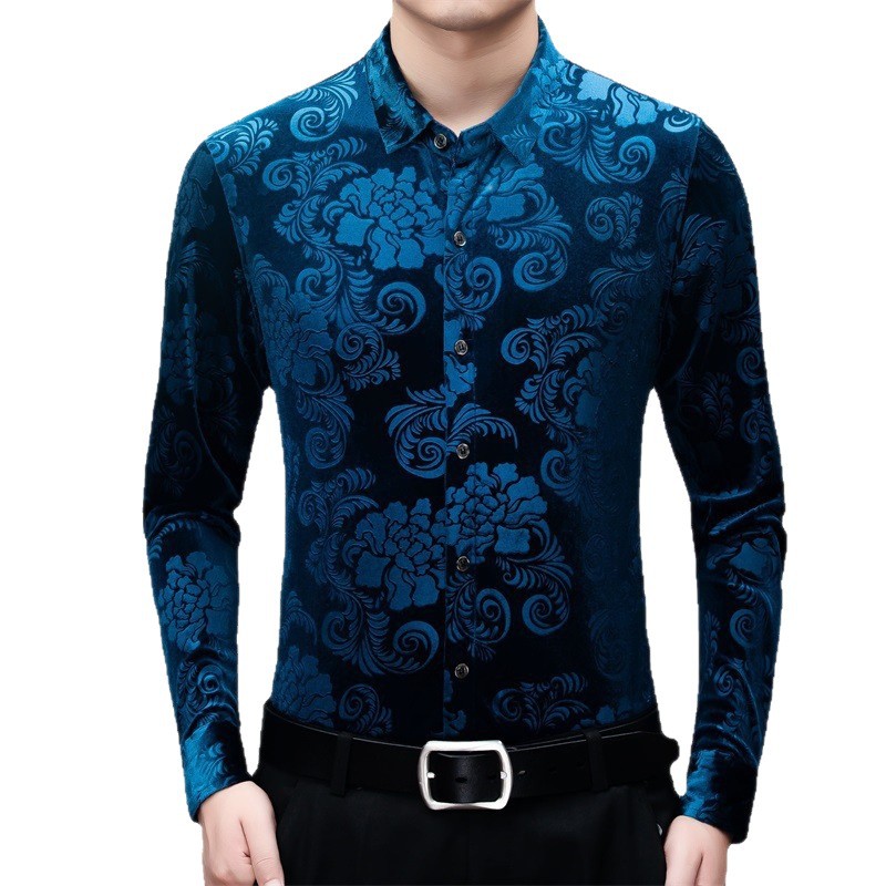 A principios del otoño camisa de terciopelo dorado retro delgada para hombres papá de mediana edad casual de los hombres usa camisa de manga larga sin planchar