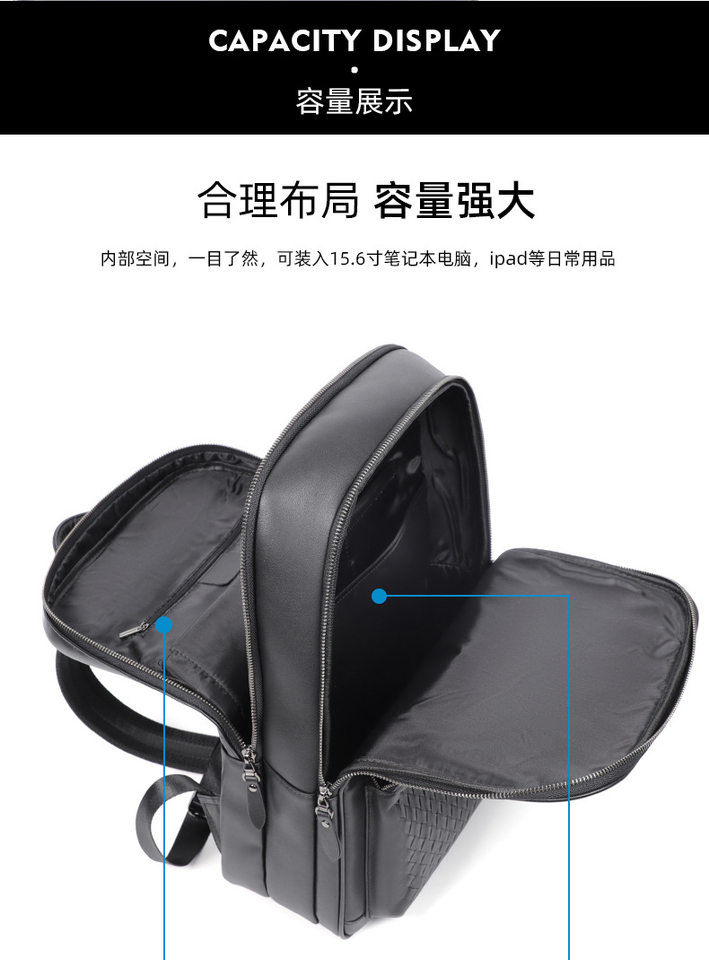 Ba lô nam da thật dệt tay thủ công, ba lô du lịch công sở dung tích lớn, ngăn máy tính 15,6 inch — Màu đen chi tiết 9