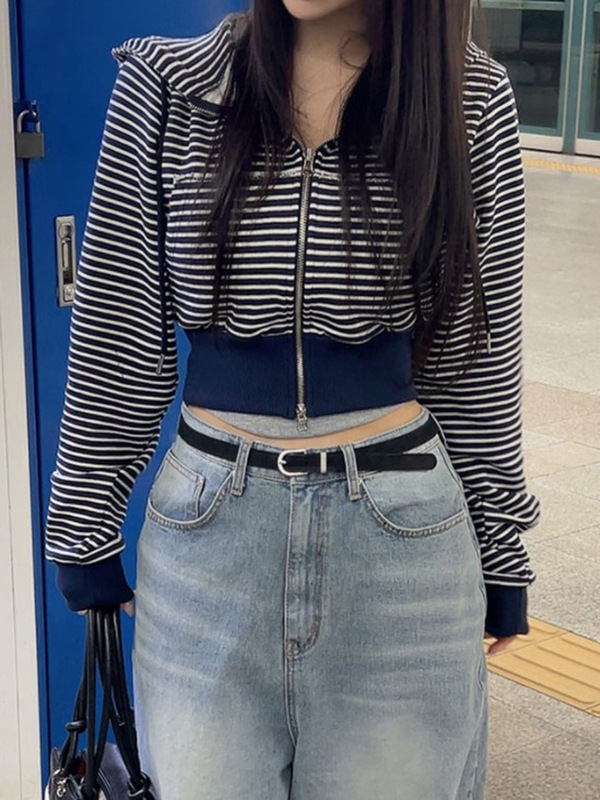 休闲条纹连帽拉链修身短款长袖卫衣女外贸新款收腰显瘦基础款外套|undefined
