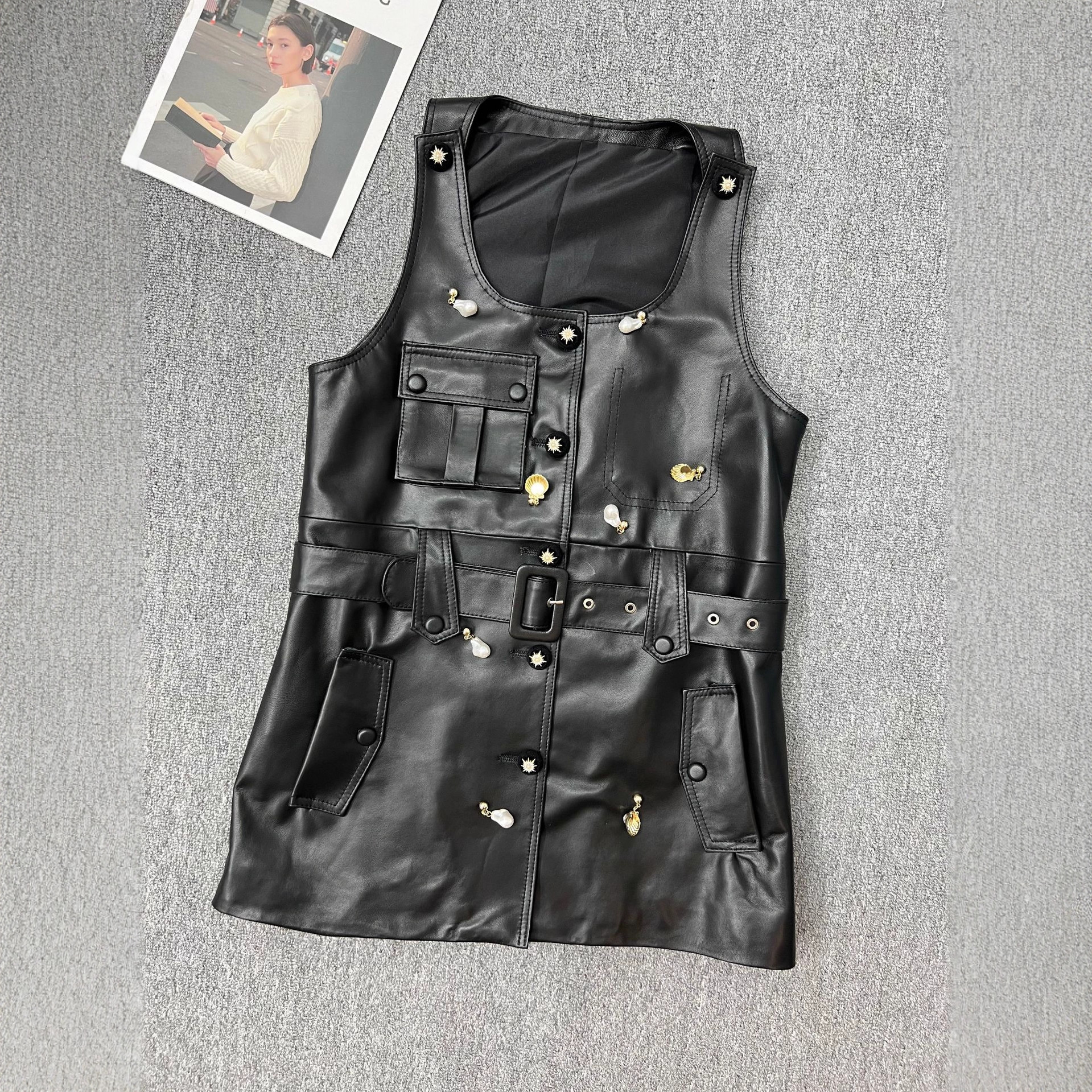 真皮绵羊皮连衣裙女25秋季新款重工钉珠时尚无袖显瘦百搭背心裙女