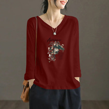 外贸出口正品100%纯棉长袖印花v领t恤女春秋新款休闲显瘦百搭上衣