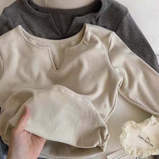 New 89001# Brushed Long-sleeved Warm Top Women's Comfortable Tight Waist V-Neck Slim-fit Slimming Base Shirt with Chest Pad